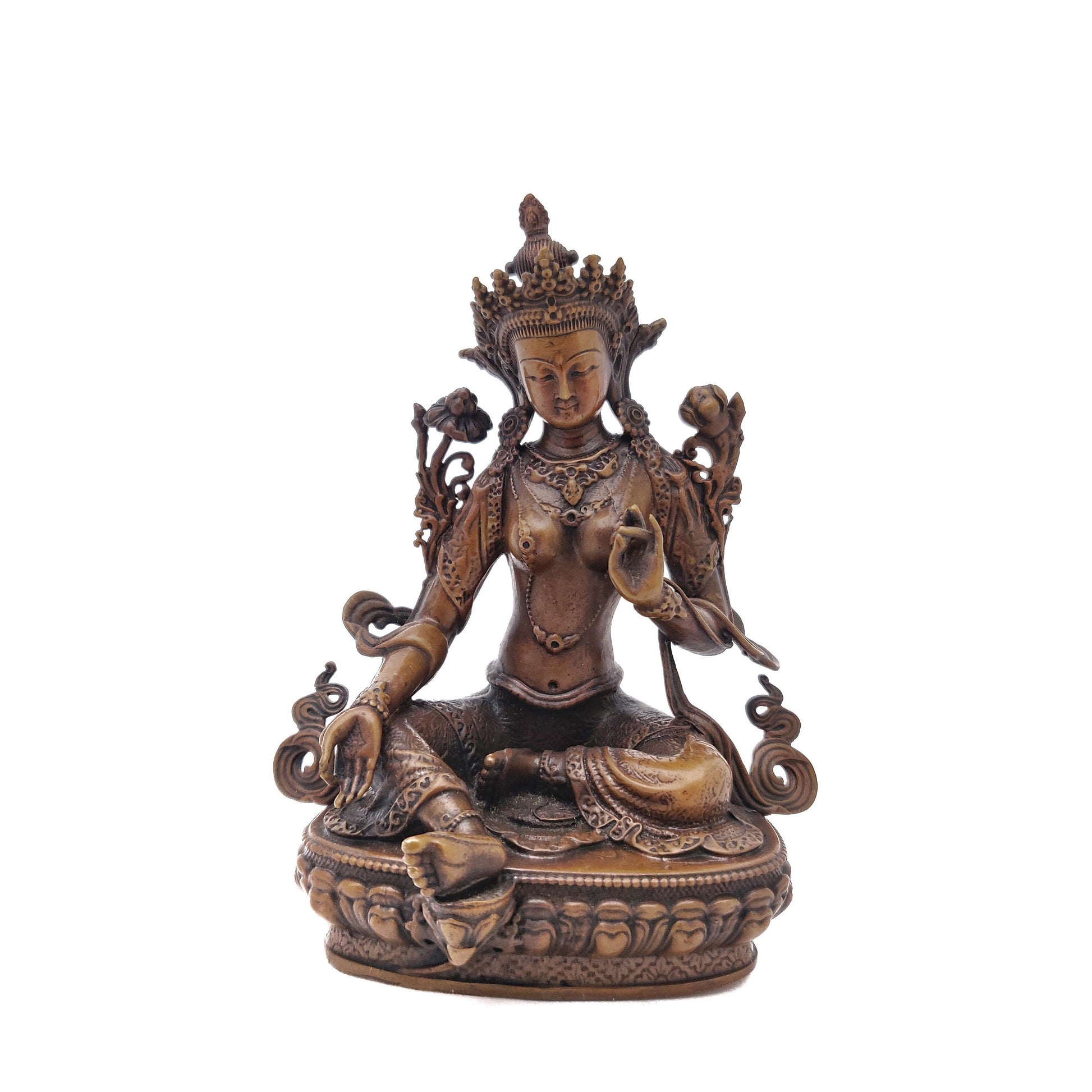 Natural Metal Oxide Colored Medium GreenTara Bodhisatva Copper Statue Handcrafted in Nepal