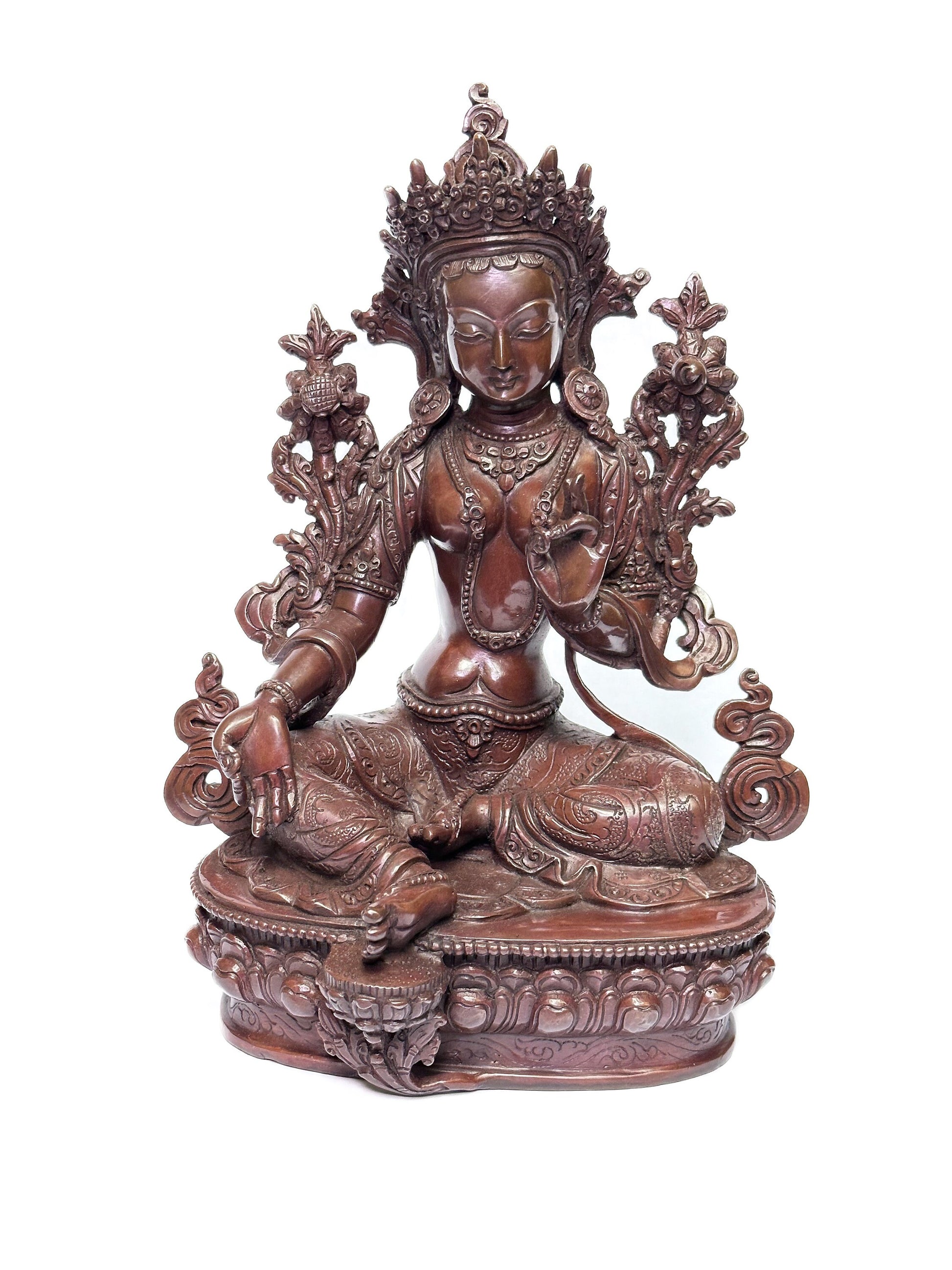 Female Buddha, Green Tara Bodhisatva Copper Statue Handcrafted in Nepal