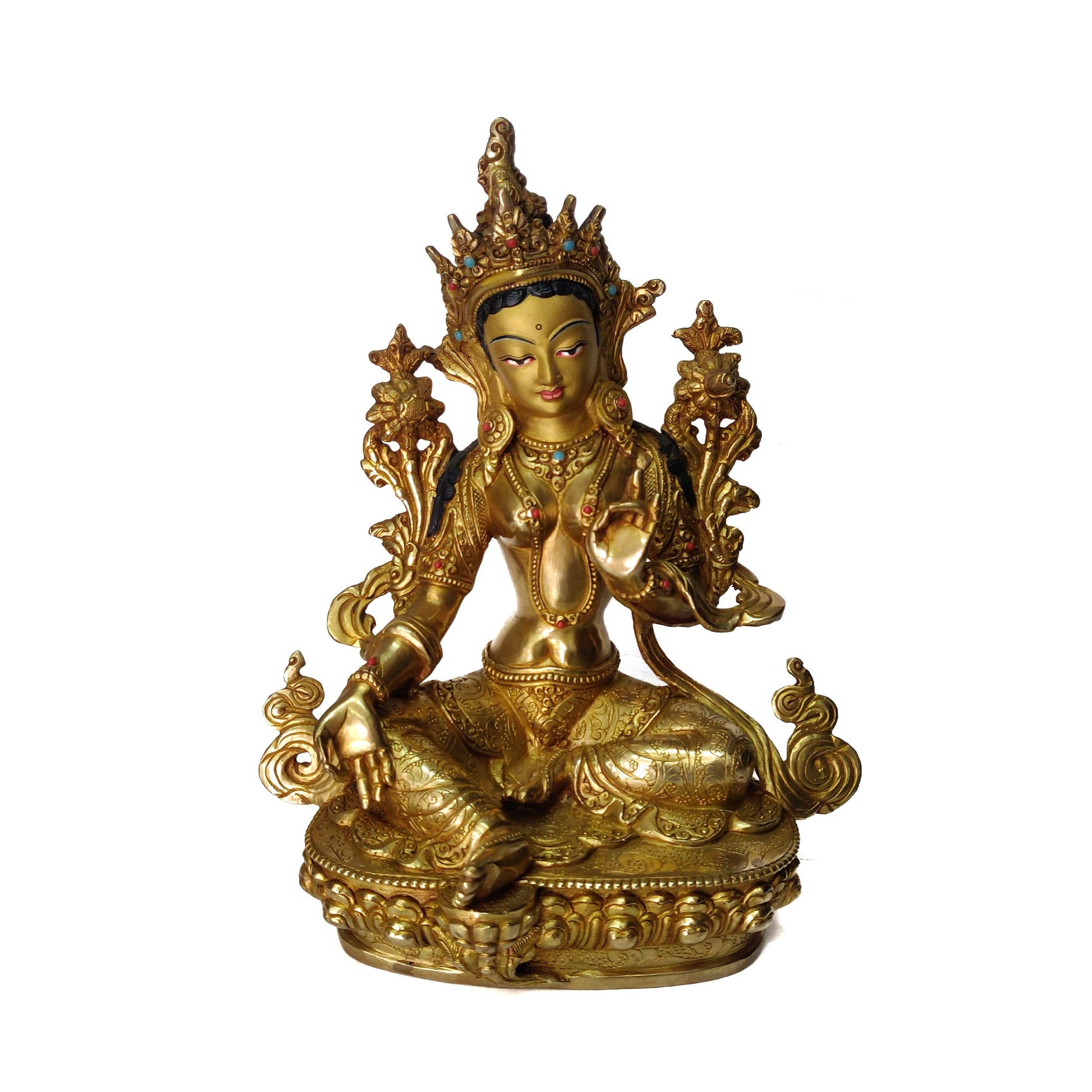 Female Buddha | Green Tara Bodhisatva| Tara Gold Glided with 24K Gold | Original Handmade Copper Statue Handcrafted in Nepal | Gold Tara