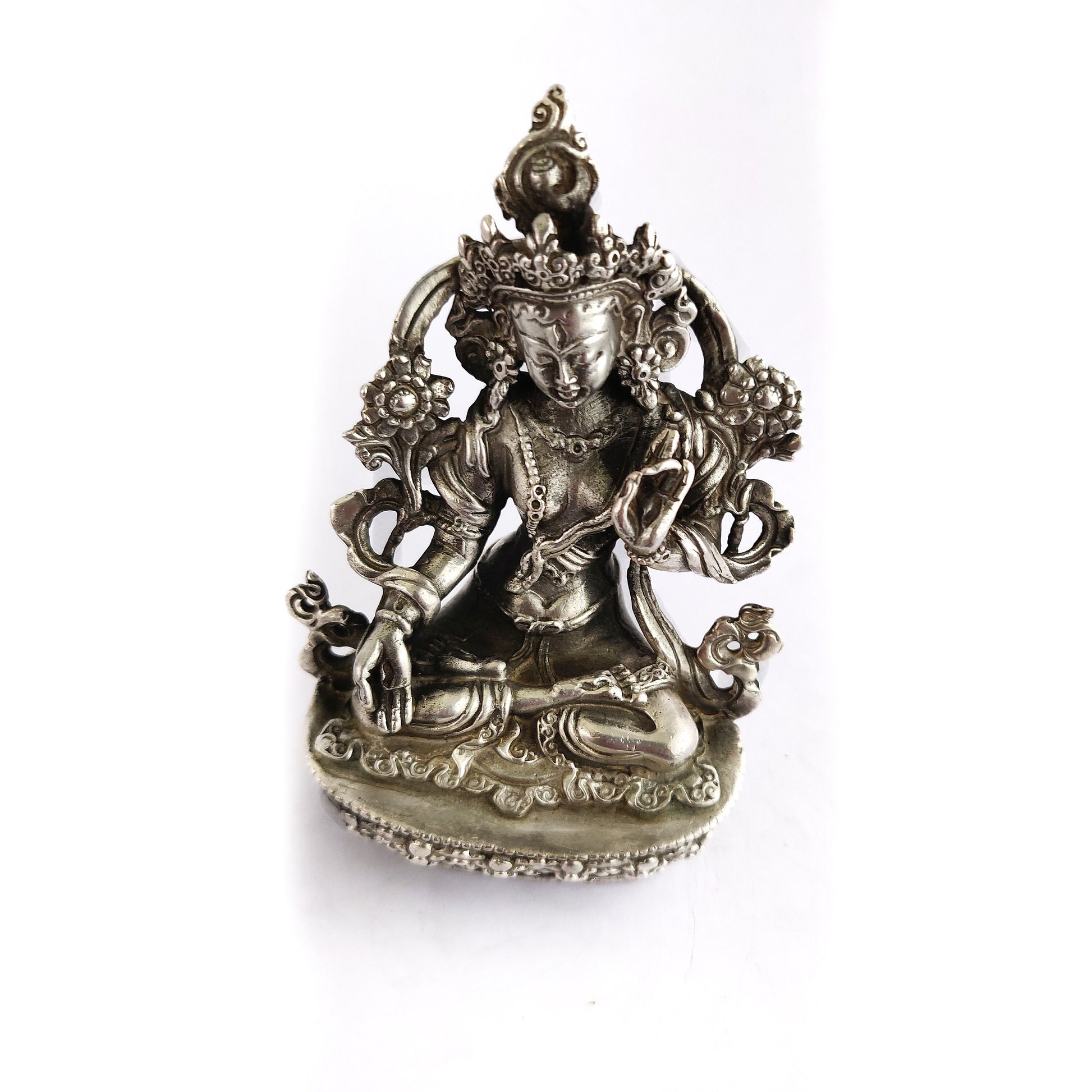 Silver Glided  White Tara Bodhisatva Copper Statue Handcrafted in Nepal