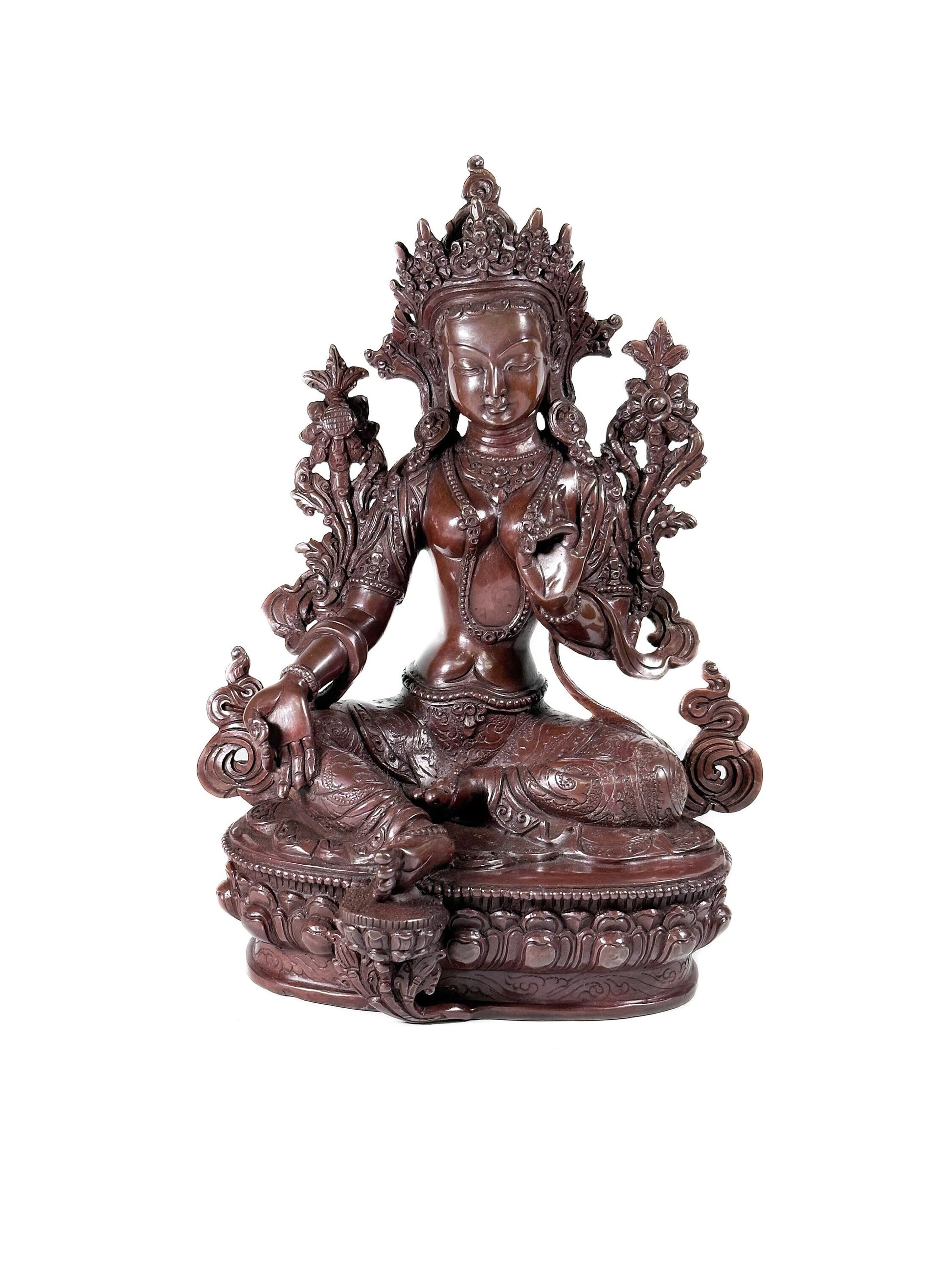 Female Buddha, Green Tara Bodhisatva Copper Statue Handcrafted in Nepal