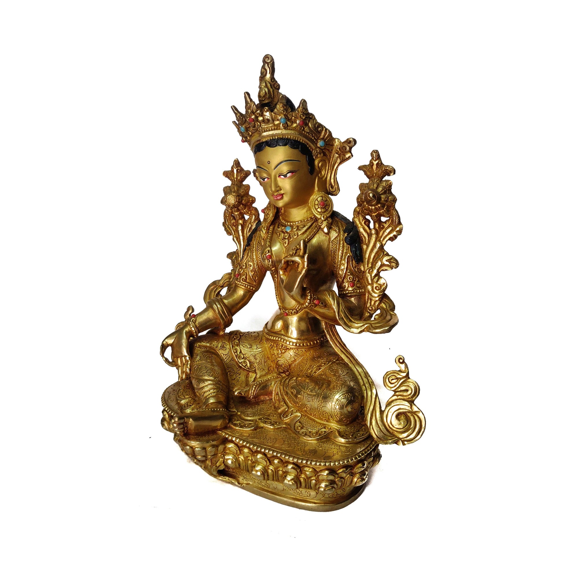Female Buddha | Green Tara Bodhisatva| Tara Gold Glided with 24K Gold | Original Handmade Copper Statue Handcrafted in Nepal | Gold Tara