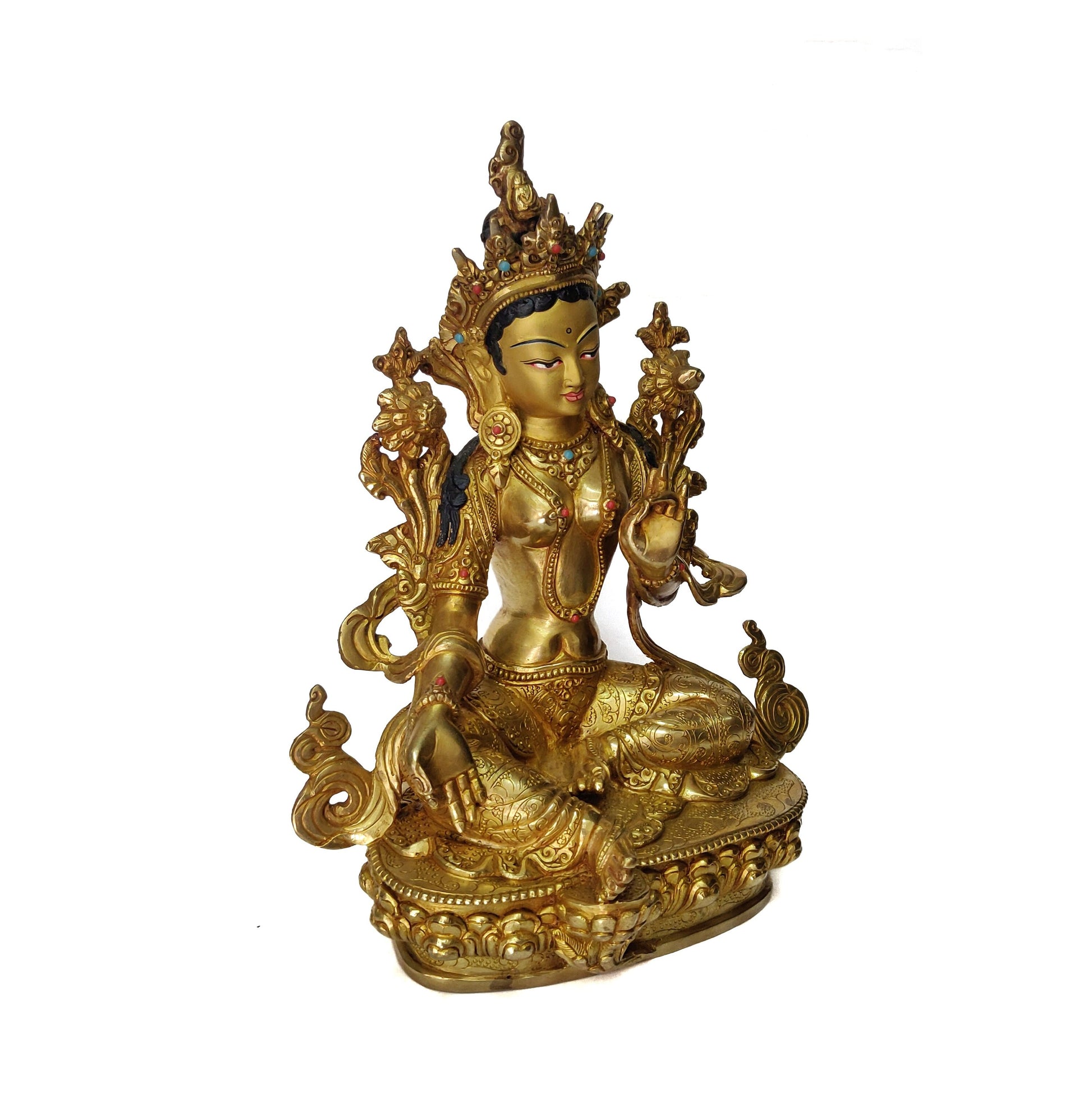 Female Buddha | Green Tara Bodhisatva| Tara Gold Glided with 24K Gold | Original Handmade Copper Statue Handcrafted in Nepal | Gold Tara