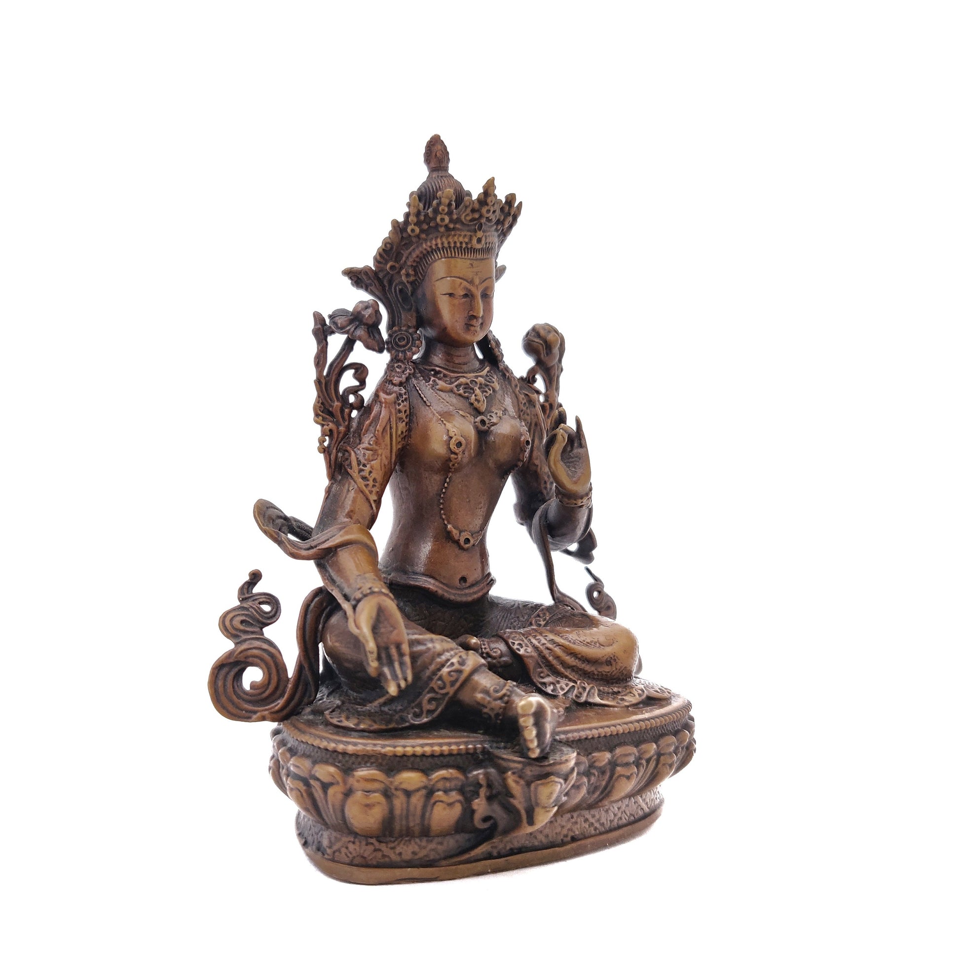 Natural Metal Oxide Colored Medium GreenTara Bodhisatva Copper Statue Handcrafted in Nepal