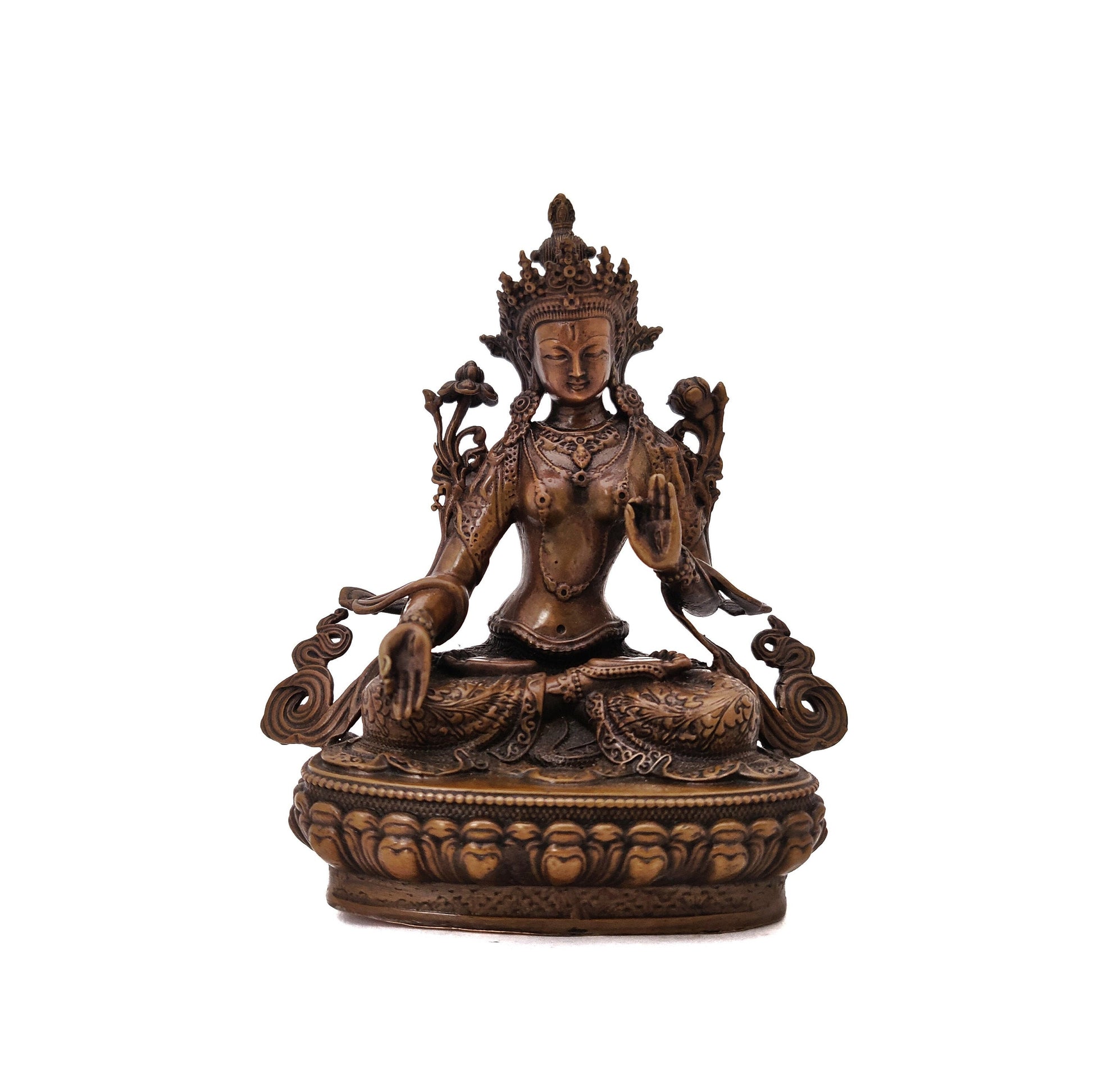 Natural Metal Oxide Colored Medium White Tara Bodhisatva Copper Statue Handcrafted in Nepal