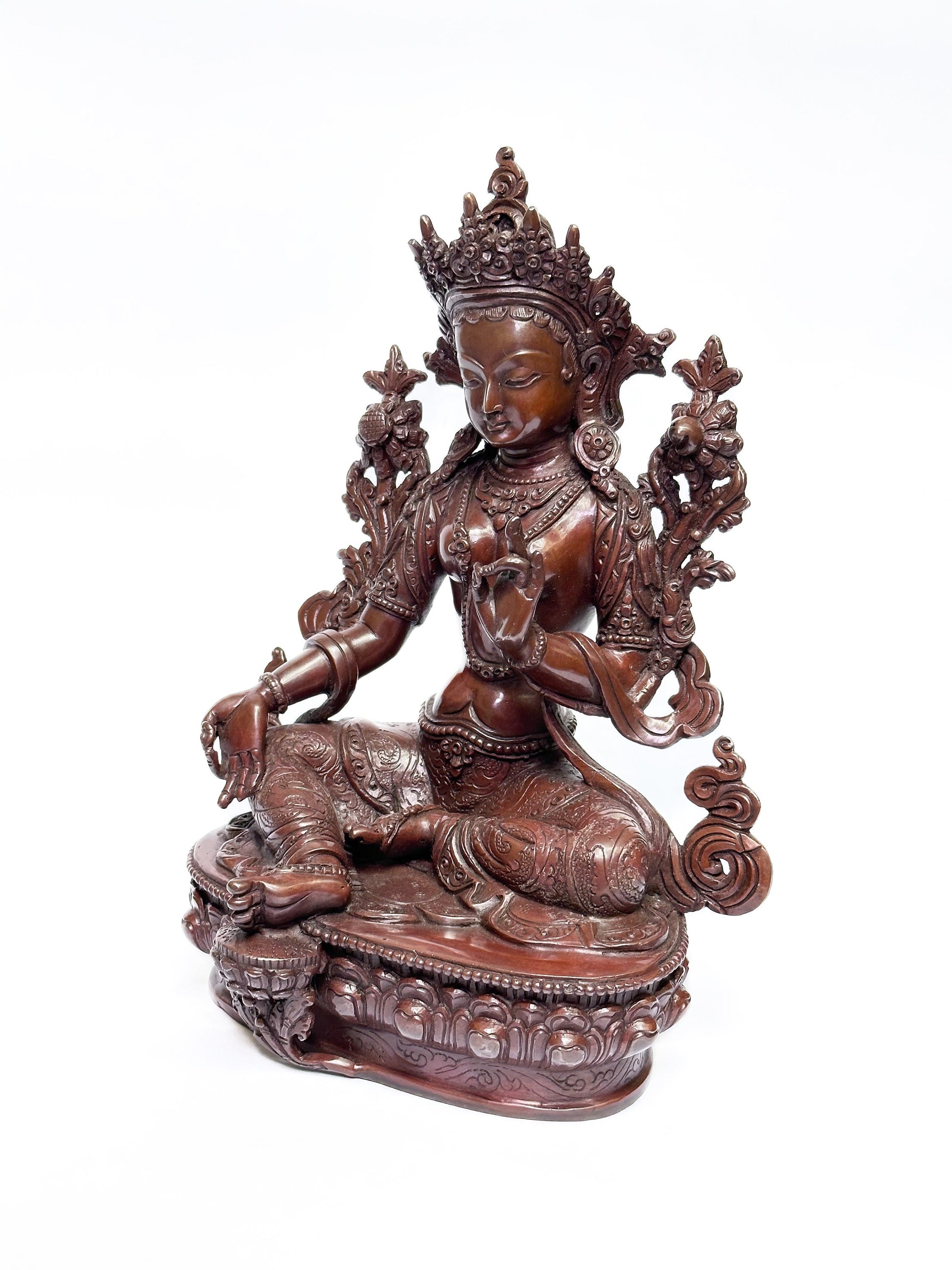 Female Buddha, Green Tara Bodhisatva Copper Statue Handcrafted in Nepal