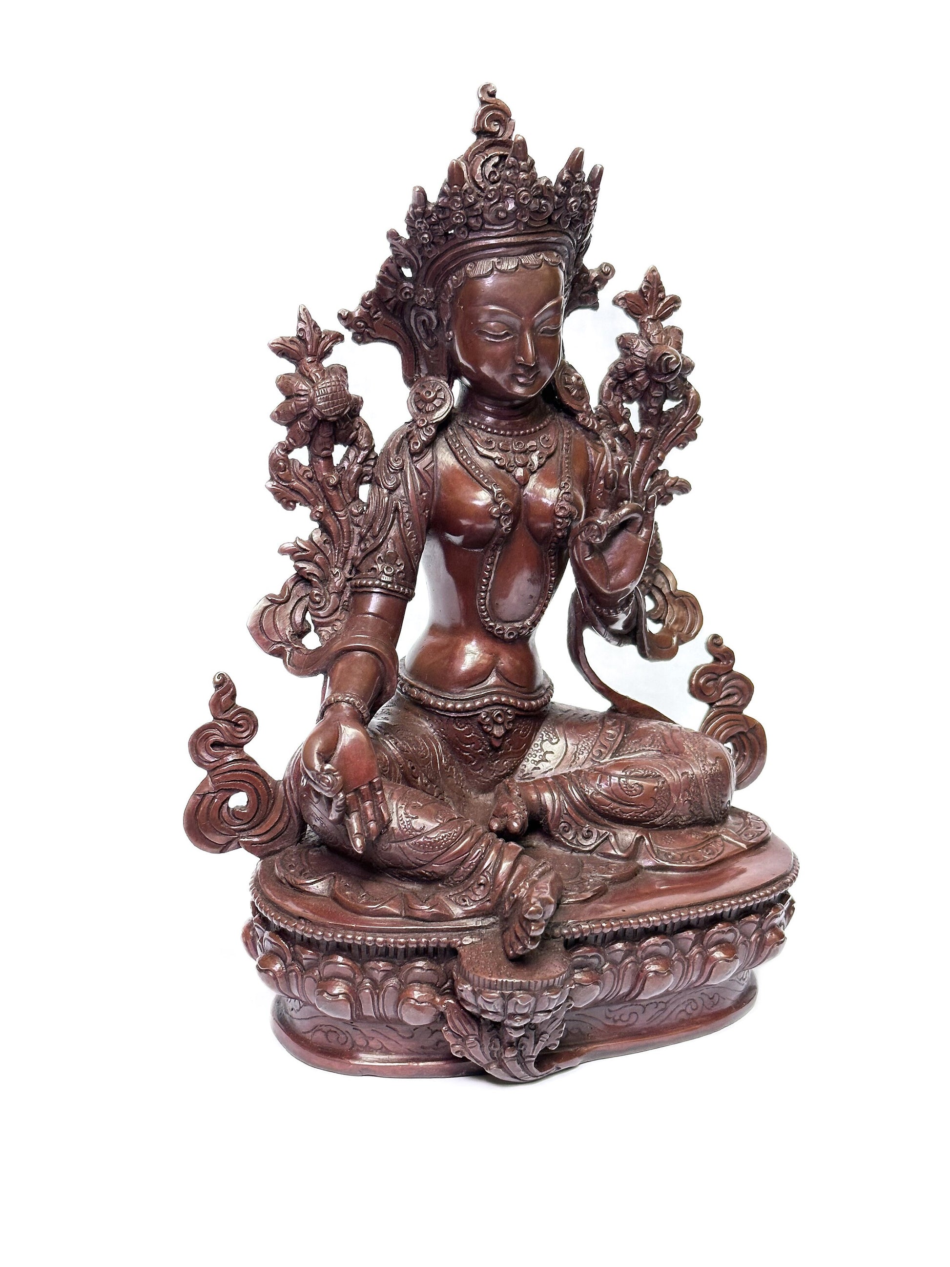 Female Buddha, Green Tara Bodhisatva Copper Statue Handcrafted in Nepal